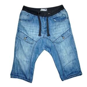 No Fear Men’s Drop Crotch Denim Shorts – Size M – Ribbed Waistband & Button Fly